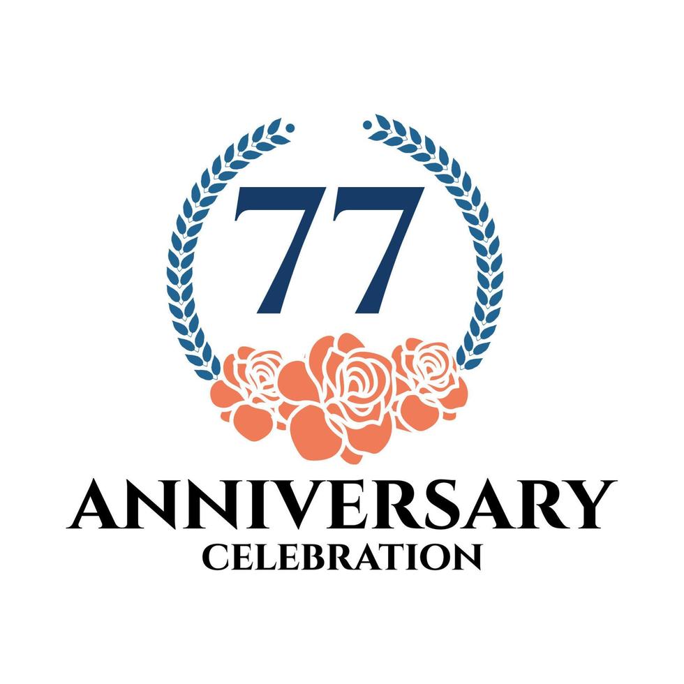 Logo du 77e anniversaire avec couronne de rose et de laurier, modèle vectoriel pour la célébration d'anniversaire.