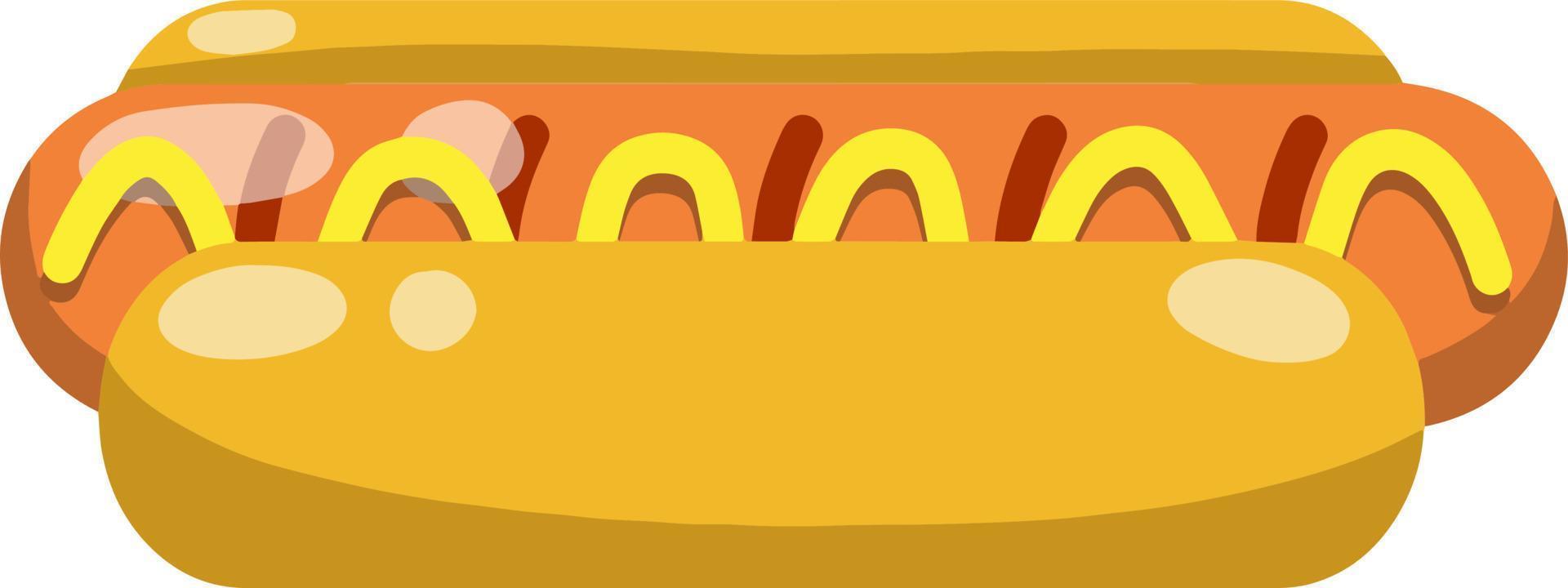 Hot-dog. pain, saucisse, ketchup. icône alimentation nocive. délicieux petit pain. malbouffe rapide. illustration plate de dessin animé vecteur