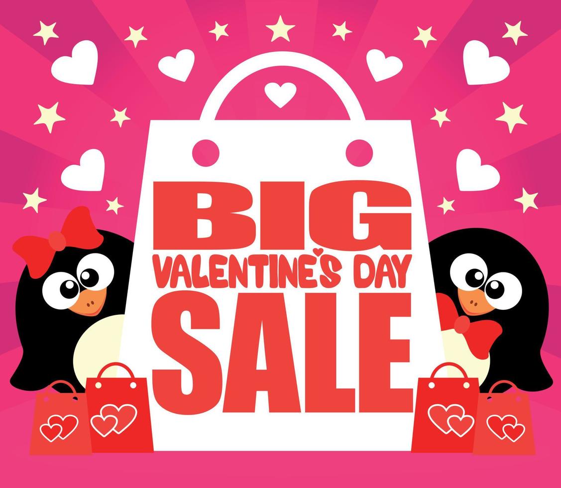 grande carte de vente de saint valentin avec des pingouins vecteur