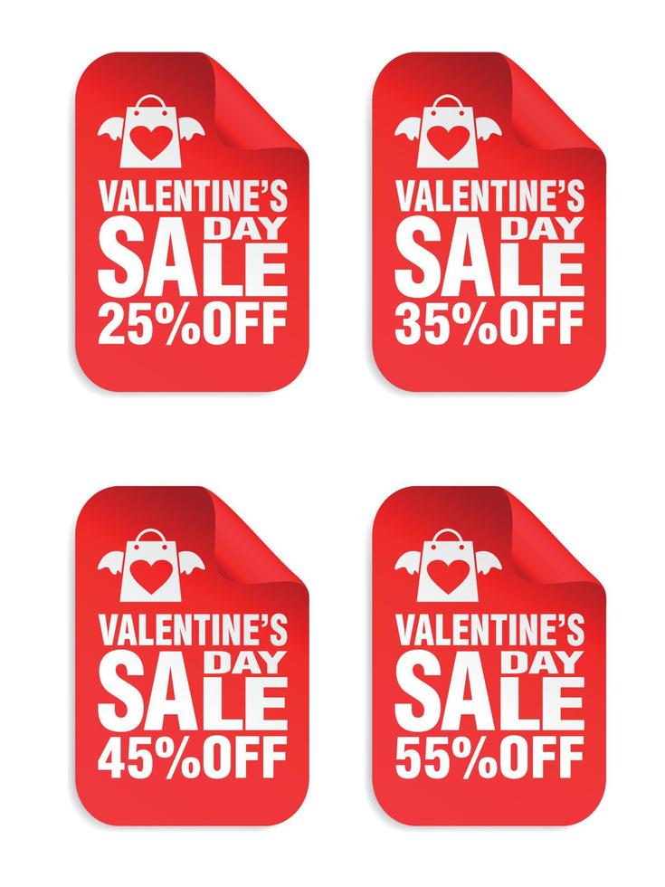 ensemble d'autocollants rouges de vente de saint valentin. vente 25, 35, 45, 55 pour cent de réduction vecteur