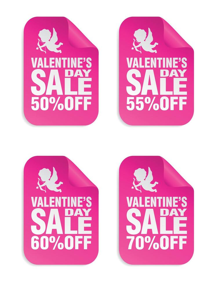 autocollants roses de vente saint valentin sertis d'icône cupidon. vente 50, 55, 60, 70 pour cent de réduction vecteur