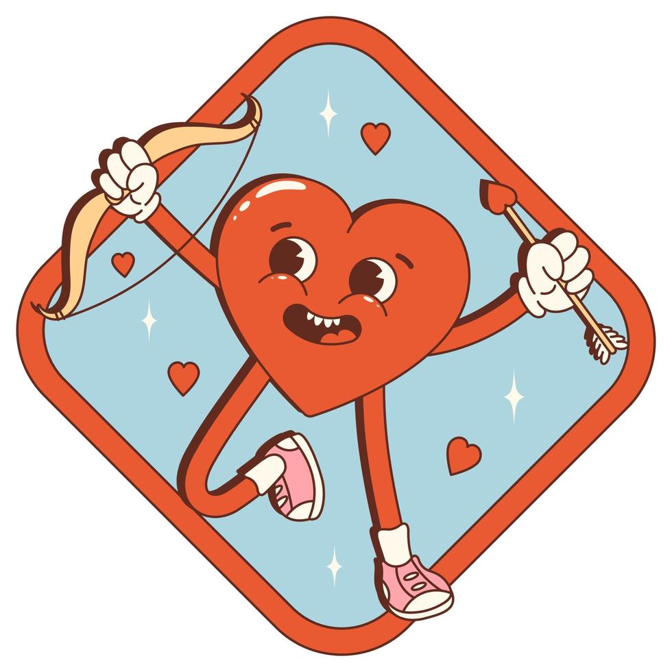 autocollant de coeur charmant de dessin animé groovy rétro, patch. La Saint-Valentin. cupidon coeur avec arc et flèche. pour l'affiche, la carte, l'impression et l'itc. style rétro tendance des années 60 et 70. vecteur