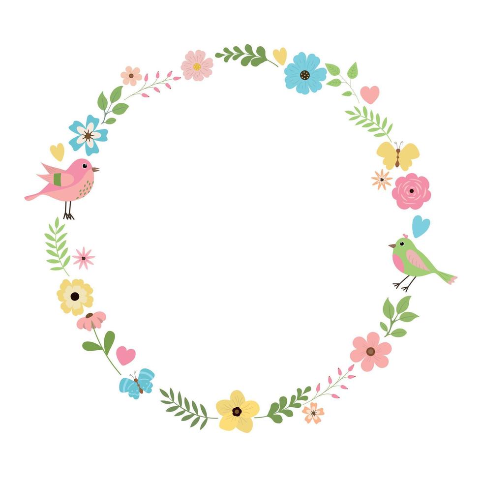 couronne florale printanière avec papillons, fleurs et oiseaux. conception mignonne pour les salutations, cartes d'invitation, baby shower, mariage. isolé sur fond blanc. vecteur