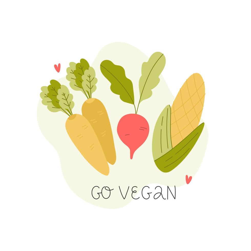 affiche végétalienne avec des légumes frais - carotte, radis, maïs. le slogan de janvier est go vegan. convient aux t-shirts, sacs, badges, autocollants, menus. dessin à main levée. vecteur. vecteur