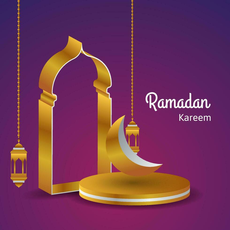 fond doré ramadan kareem avec lanterne, podium, lune et porte. illustration vectorielle islamique vecteur