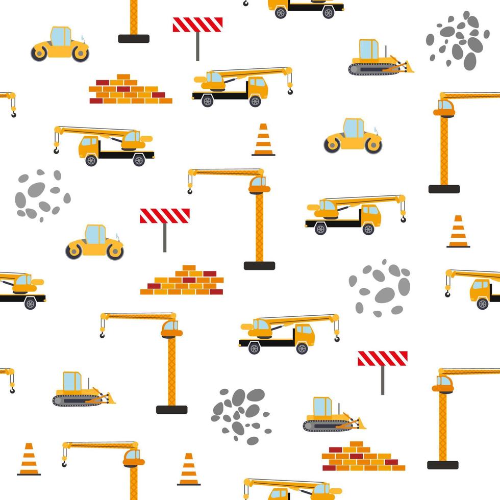 Joli motif harmonieux enfantin avec camion à benne basculante de voiture jaune, grue, bétonnière. illustration de chantier de construction en style cartoon vecteur