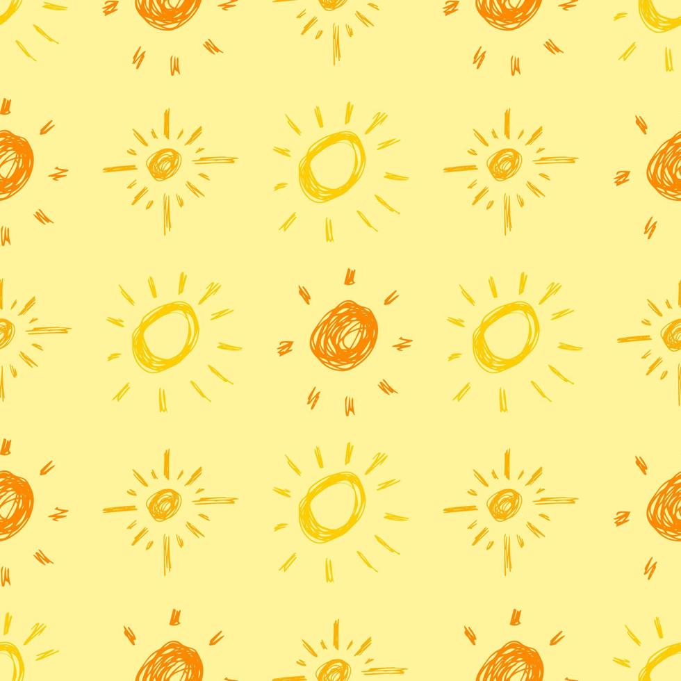 soleil dessiné à la main. modèle sans couture de soleil de croquis simple. symbole solaire. doodle jaune isolé sur fond jaune. illustration vectorielle. vecteur