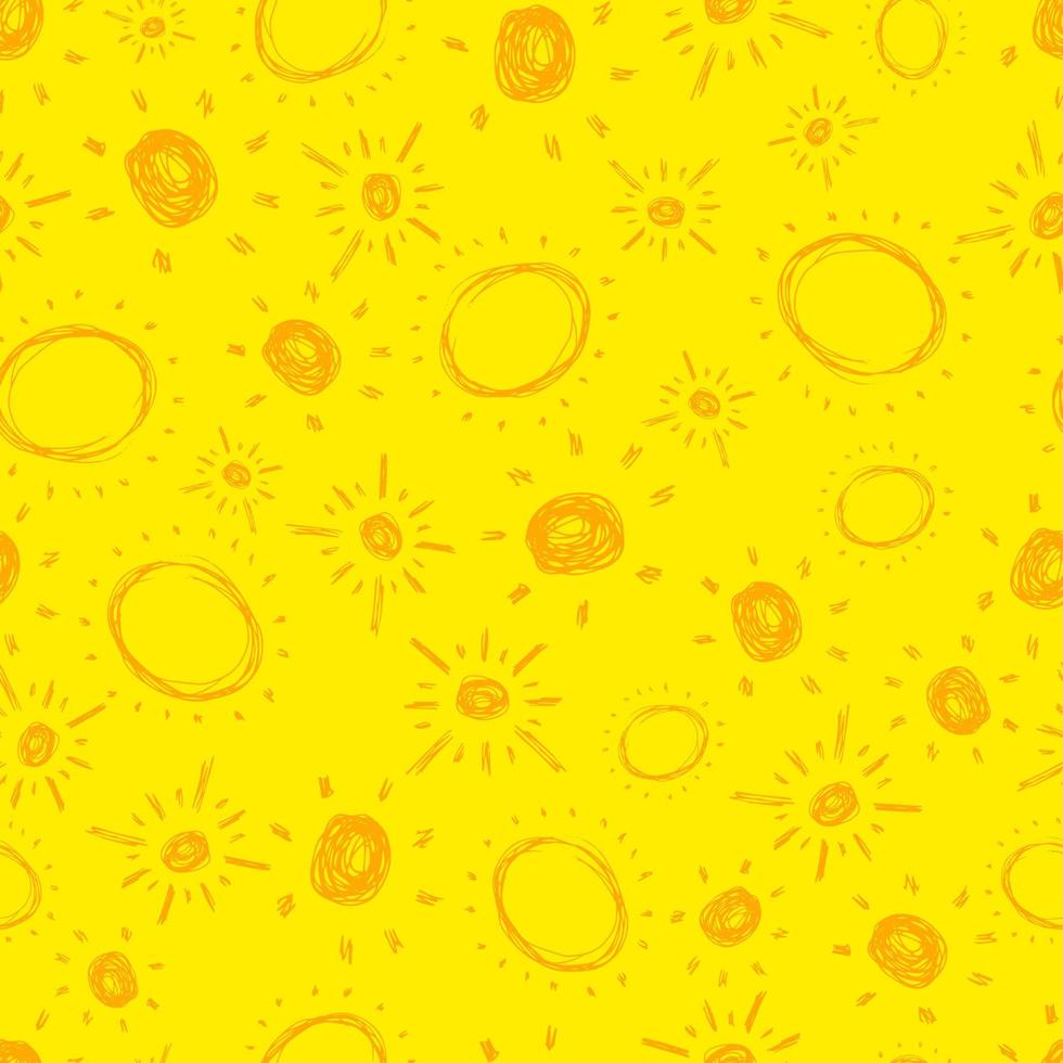 soleil dessiné à la main. modèle sans couture de soleil de croquis simple. symbole solaire. doodle jaune isolé sur fond jaune. illustration vectorielle. vecteur