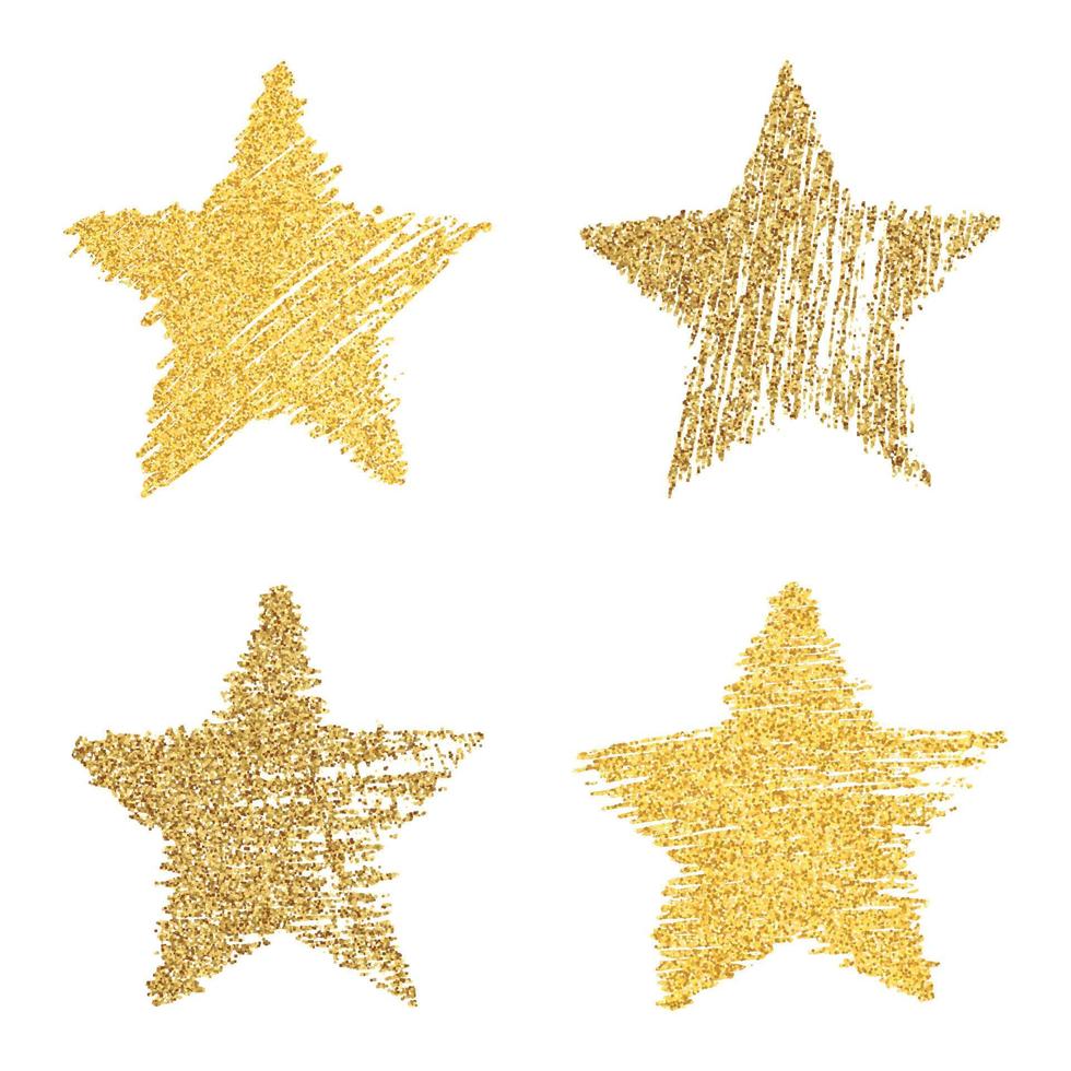 ensemble de quatre étoiles dessinées à la main avec effet de paillettes d'or. forme d'étoile rugueuse dans un style doodle avec effet de paillettes d'or sur fond blanc. illustration vectorielle vecteur