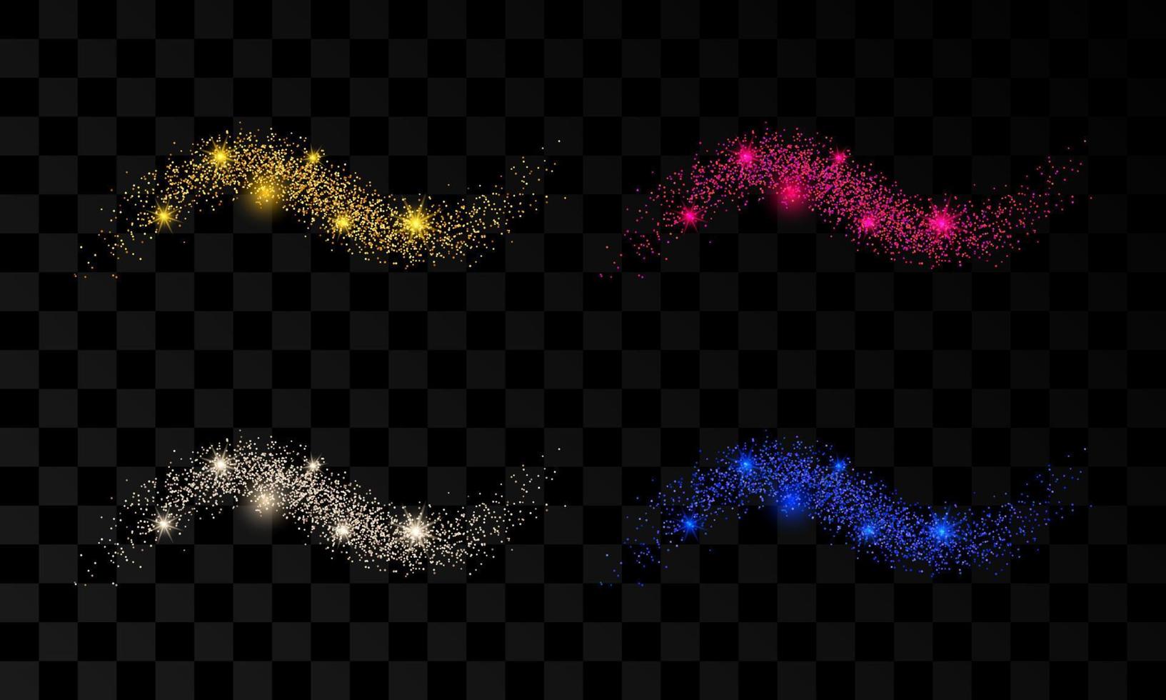 ensemble de quatre ondes lumineuses avec des effets de paillettes d'or, d'argent, de rouge et de bleu sur un fond transparent foncé. lignes de tourbillon abstraites. illustration vectorielle vecteur