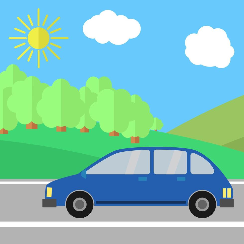véhicule utilitaire sport bleu sur une route par une journée ensoleillée. illustration de voyage d'été. voiture sur paysage. vecteur