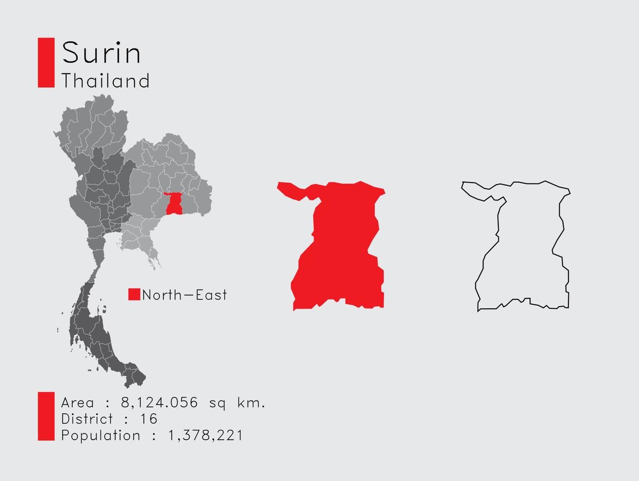 position surin en thaïlande un ensemble d'éléments infographiques pour la province. et la population et le contour du district de la région. vecteur avec fond gris.
