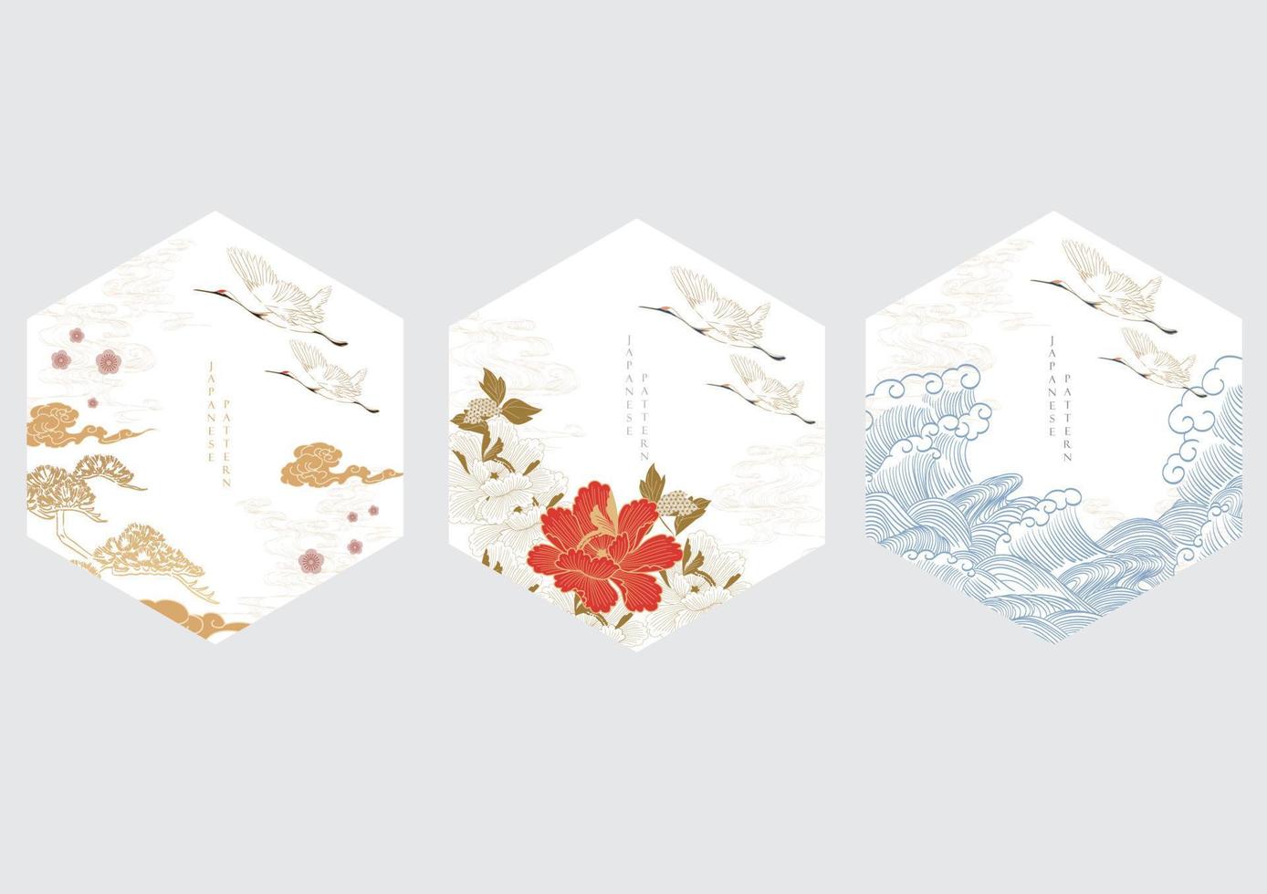 arrière-plan japonais avec vecteur d'oiseaux de grue. modèle de paysage naturel asiatique avec motif de vague dessiné à la main dans un style oriental. création de logo géométrique.