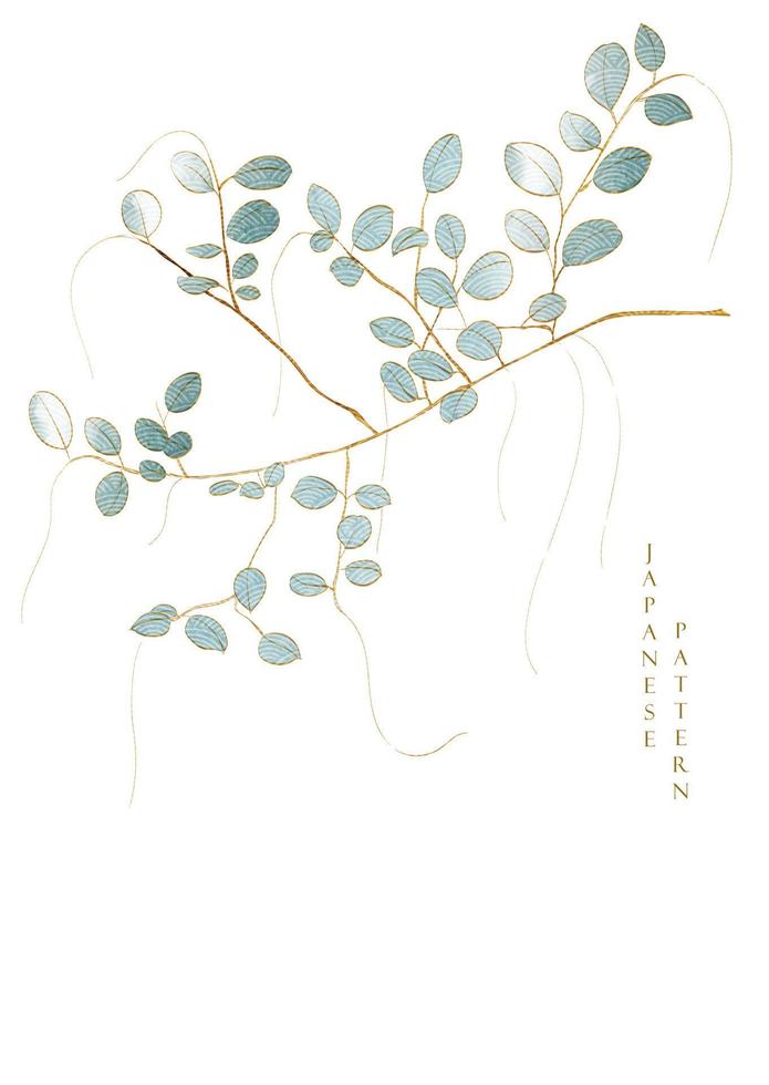 motif de vague japonais avec bannière naturelle d'art. fond abstrait avec vecteur de texture aquarelle. branche avec éléments de feuilles avec décoration de lignes dessinées à la main dans un style vintage.