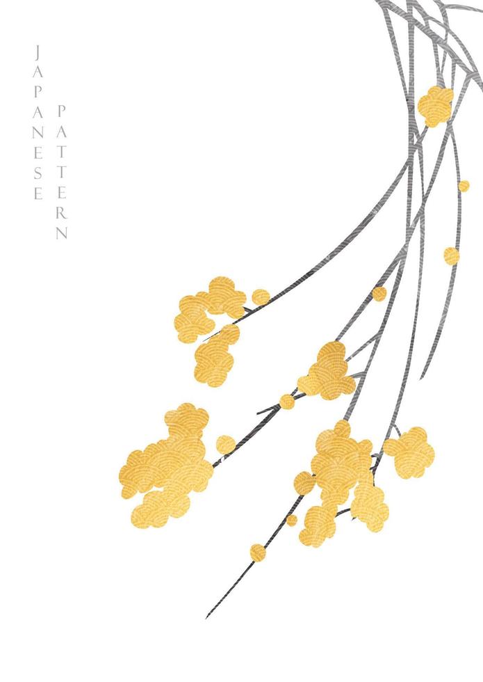fond japonais avec vecteur de texture or et noir. décoration de branche de fleur avec illustration de motif de vague dans un style vintage.