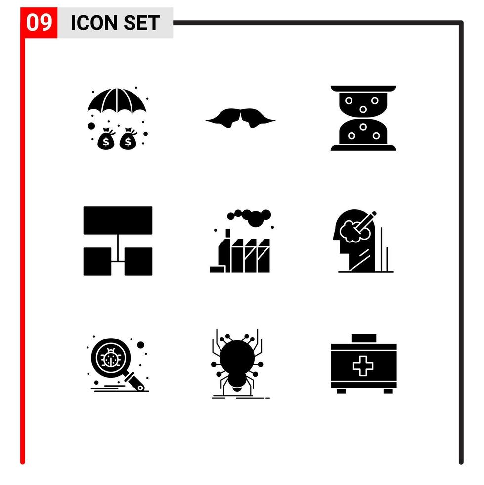 pack de 9 signes et symboles de glyphes solides modernes pour les supports d'impression Web tels que les éléments de conception vectoriels modifiables de mise en page de structure d'hommes d'énergie d'usine vecteur