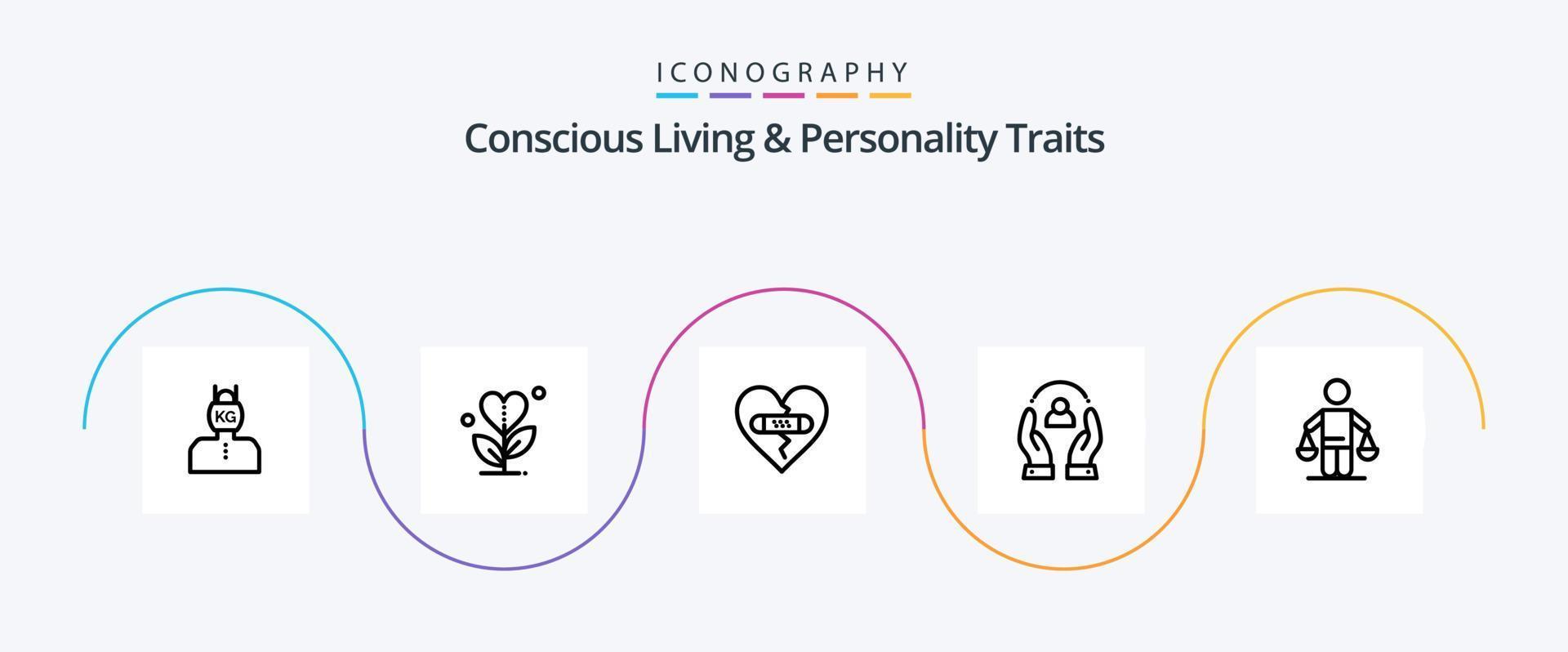 vie consciente et traits de personnalité ligne 5 pack d'icônes, y compris humain. se soucier. cœur. l'amour. le pardon vecteur