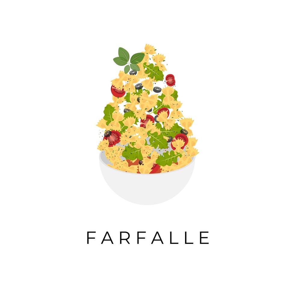 illustration de logo de pâtes farfalle ou de pâtes papillon dans un bol avec une garniture complète de légumes vecteur