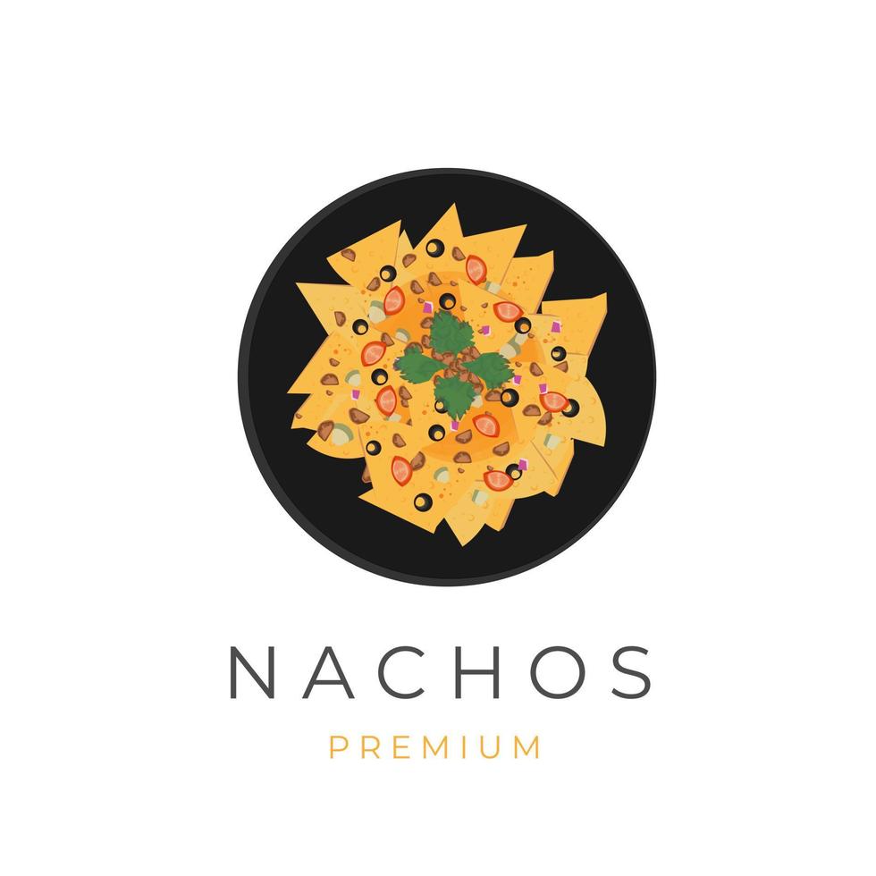 logo d'illustration de nachos au fromage avec de la viande hachée et des légumes assortis vecteur