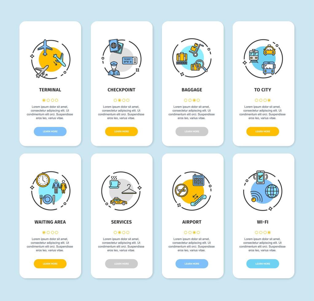 ensemble de cartes d'écrans d'application d'aéroport. vecteur