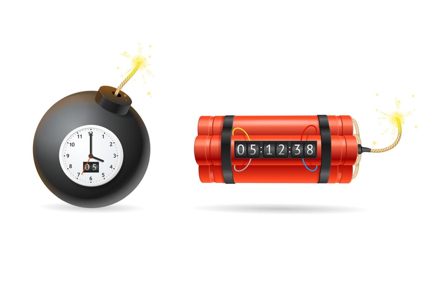 Bâton de dynamite rouge détonant 3d réaliste et détaillé avec horloge de minuterie et ensemble de bombes noires. vecteur