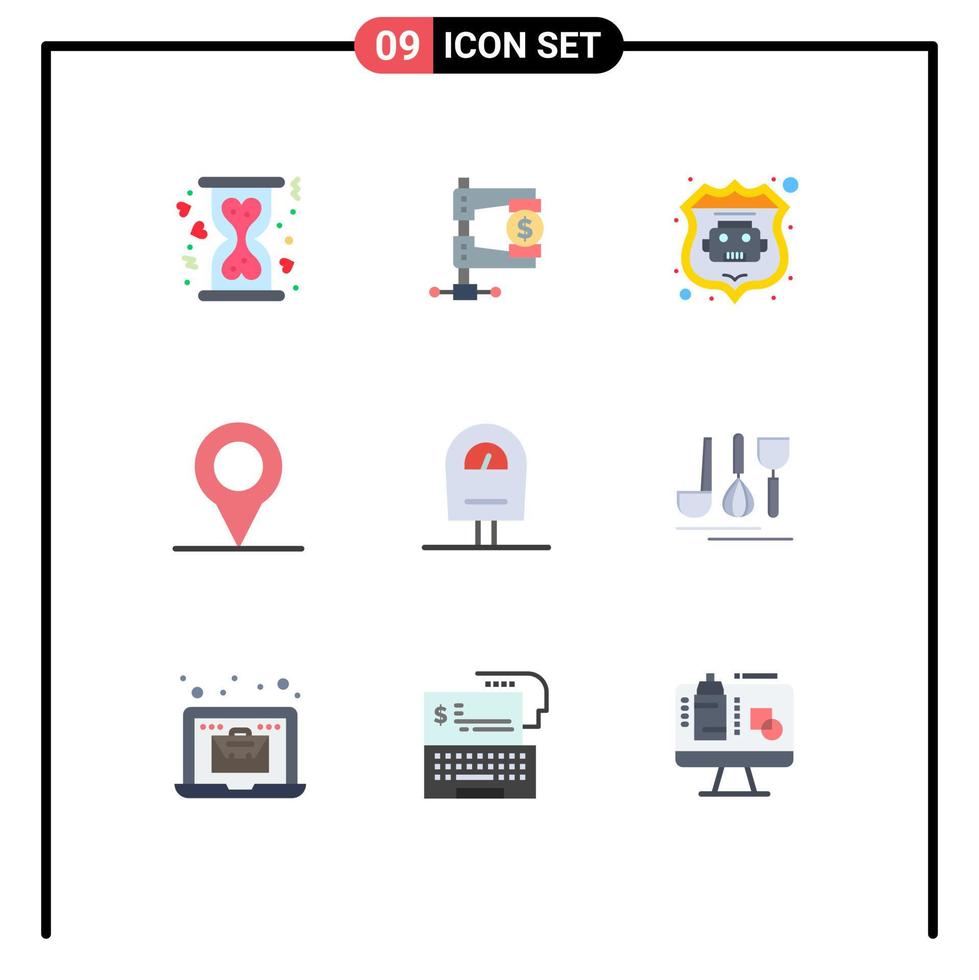 interface mobile couleur plate ensemble de 9 pictogrammes d'éléments de conception vectoriels modifiables de l'emplacement de la machine de réforme du compteur de couverts vecteur