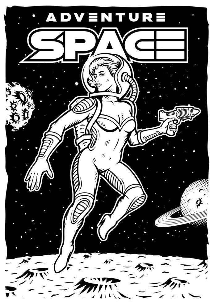 affiche spatiale vintage avec pin up astronaute vecteur