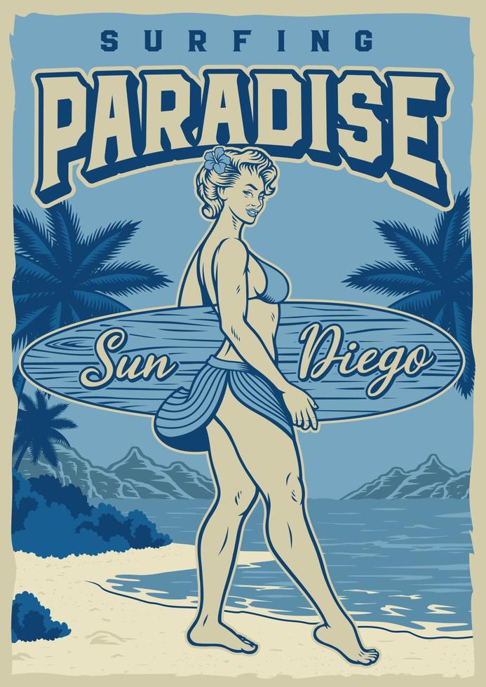 affiche vintage avec pin up surfeuse sur la plage vecteur