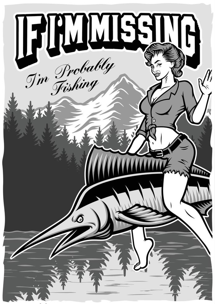 affiche de pêche vintage en noir et blanc avec une pin up girl vecteur