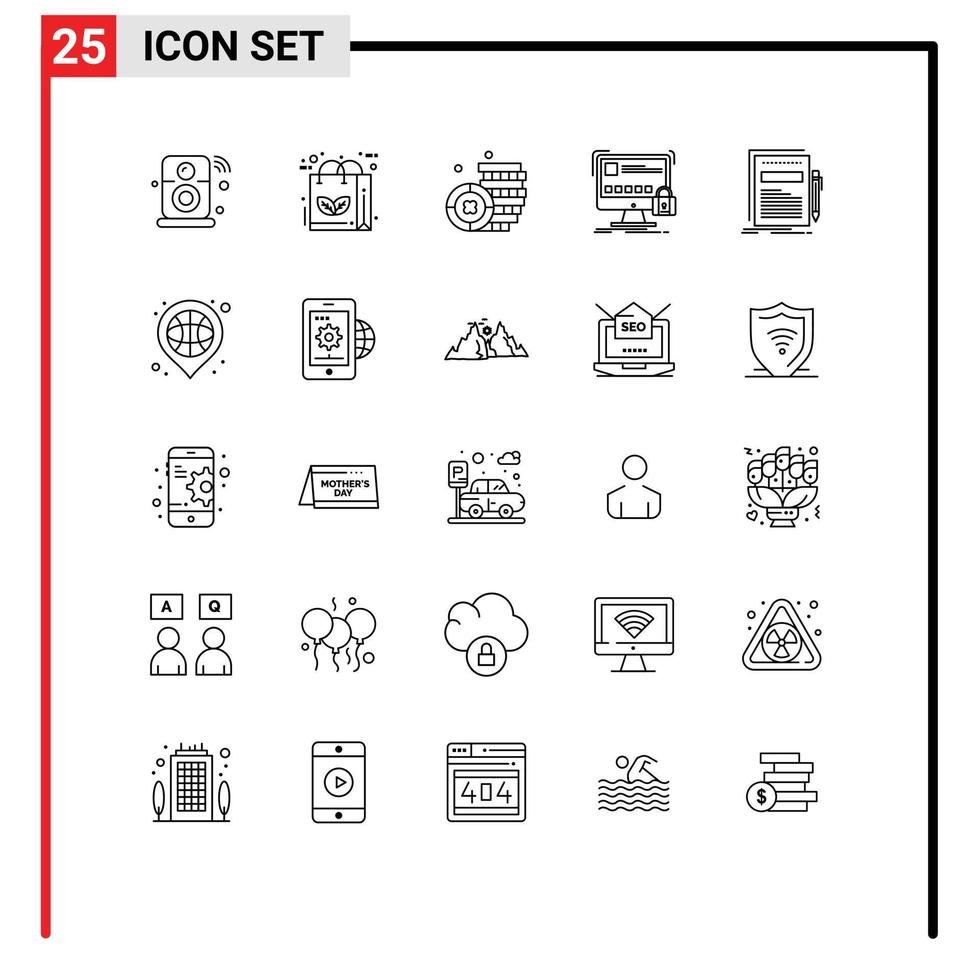 25 lignes universelles définies pour les applications web et mobiles verrouillage sécurisé protection de la nature argent éléments de conception vectoriels modifiables vecteur