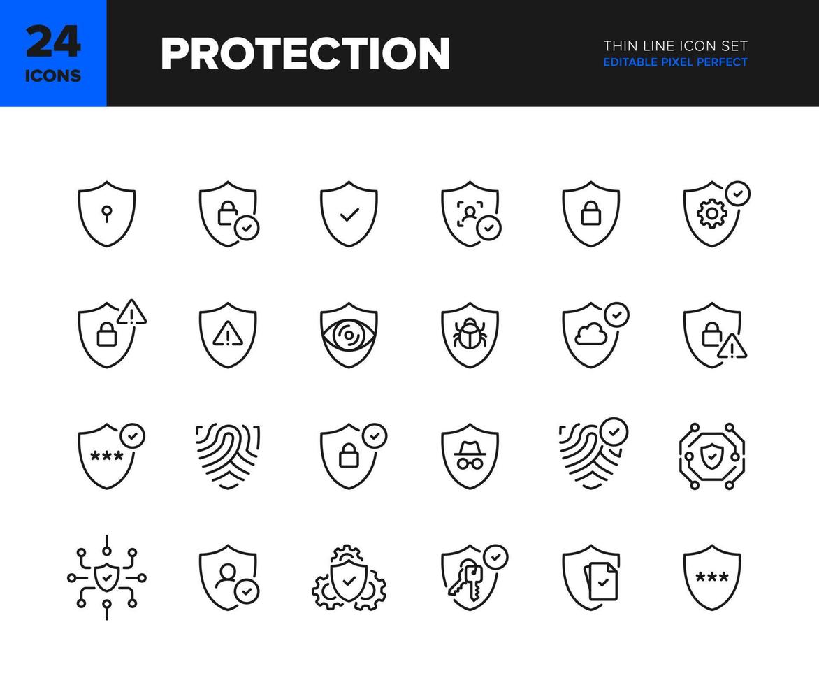 jeu d'icônes de ligne vectorielle de protection. bouclier et collection d'icônes de protection de verrouillage. différentes variantes du symbole du bouclier. pixel modifiable parfait vecteur