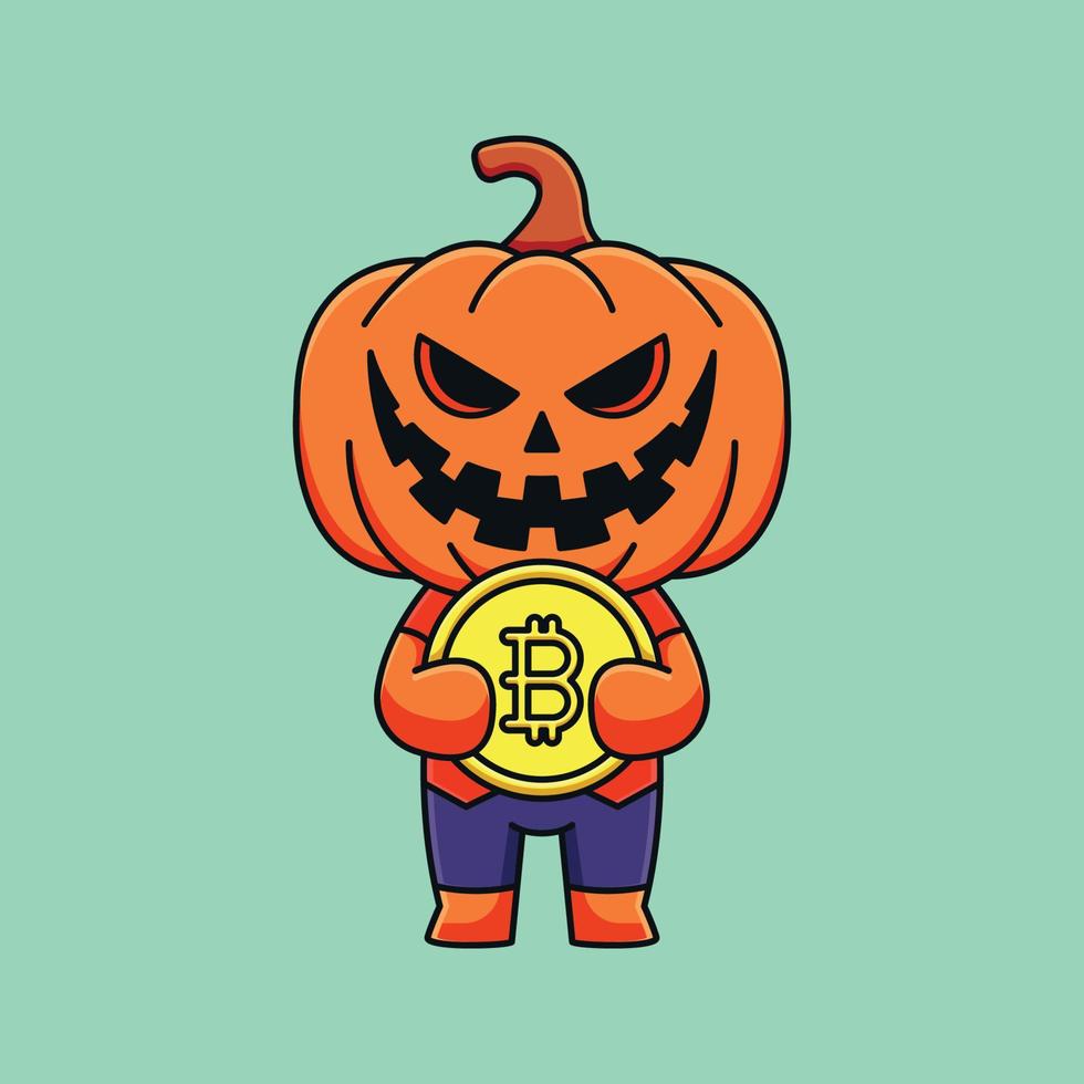 mignon citrouille halloween tenant bitcoin dessin animé mascotte doodle art dessiné à la main contour concept vecteur kawaii icône illustration