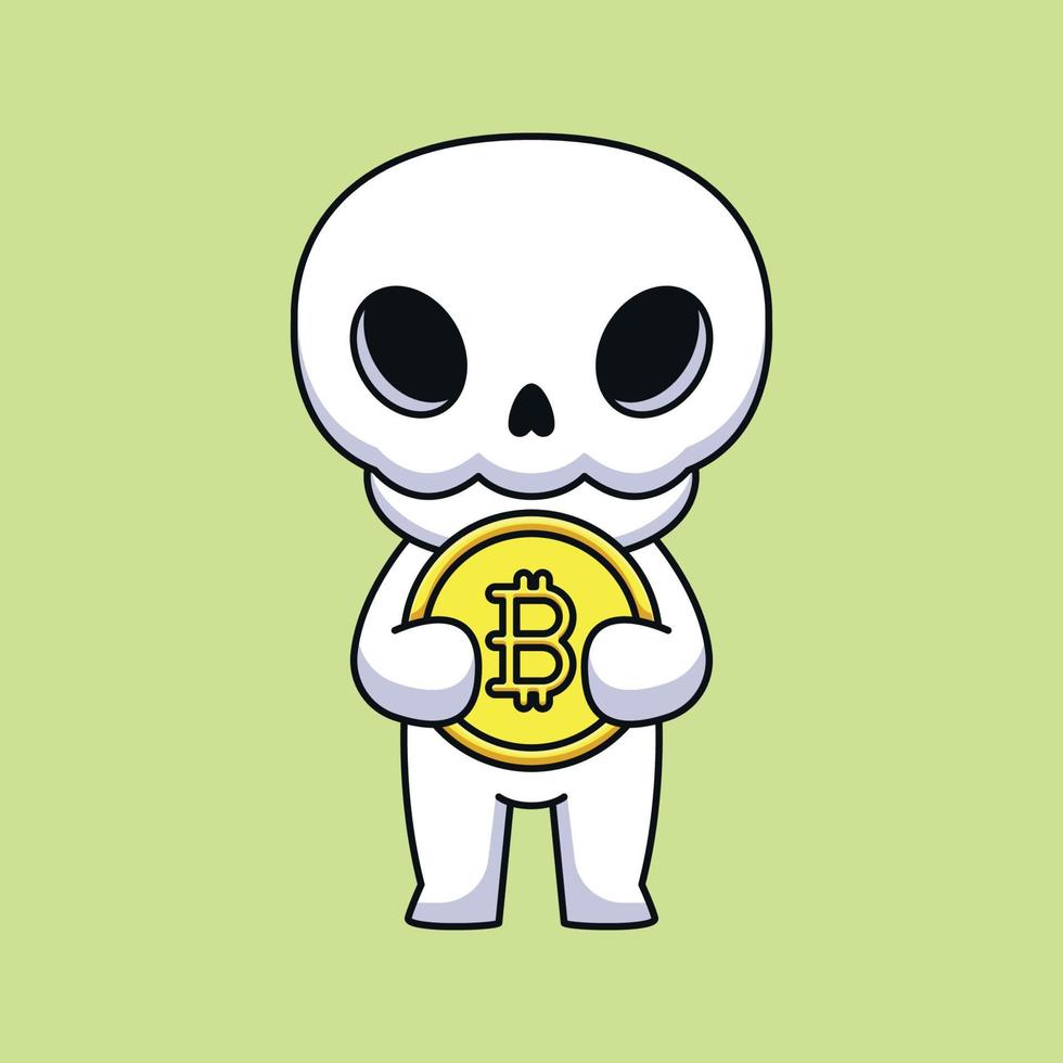 mignon crâne tenant bitcoin dessin animé mascotte doodle art dessiné à la main contour concept vecteur kawaii icône illustration