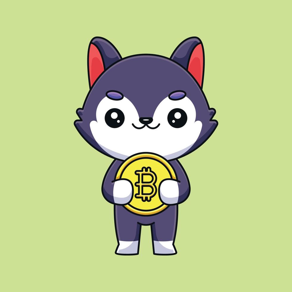 mignon loup tenant bitcoin dessin animé mascotte doodle art dessiné à la main contour concept vecteur kawaii icône illustration