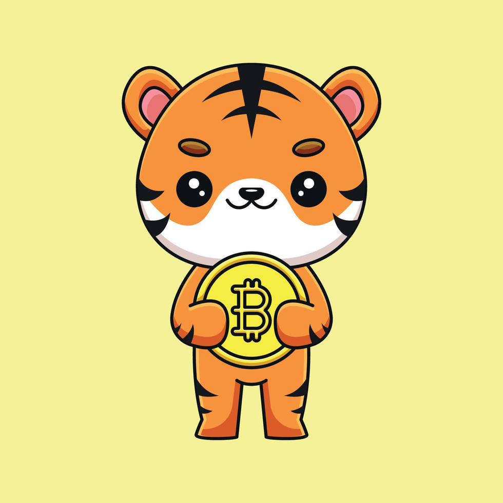 mignon tigre tenant bitcoin dessin animé mascotte doodle art dessiné à la main contour concept vecteur kawaii icône illustration