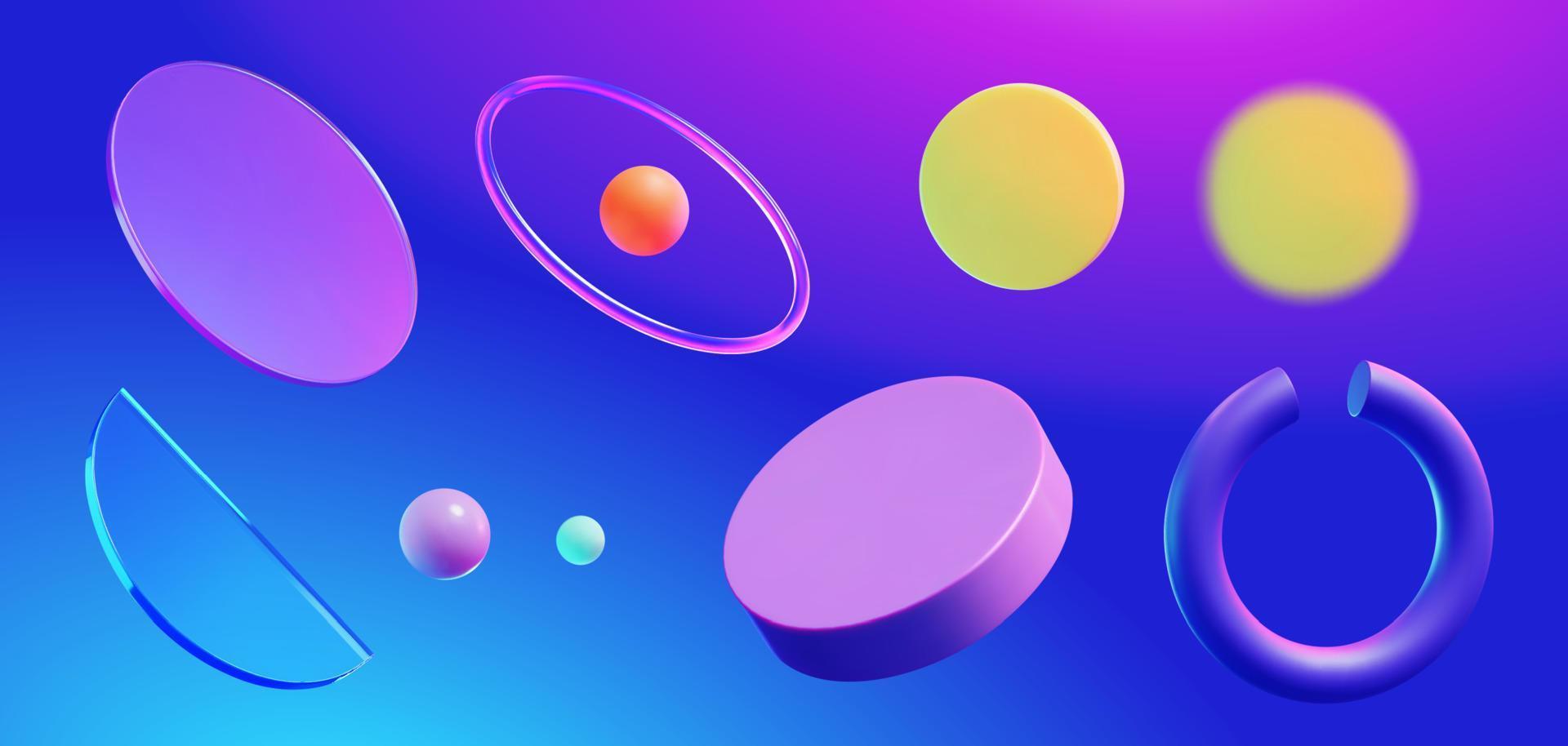 ensemble d'éléments géométriques 3d comprenant des disques ronds, des boules, du verre et un anneau isolés sur fond bleu vecteur