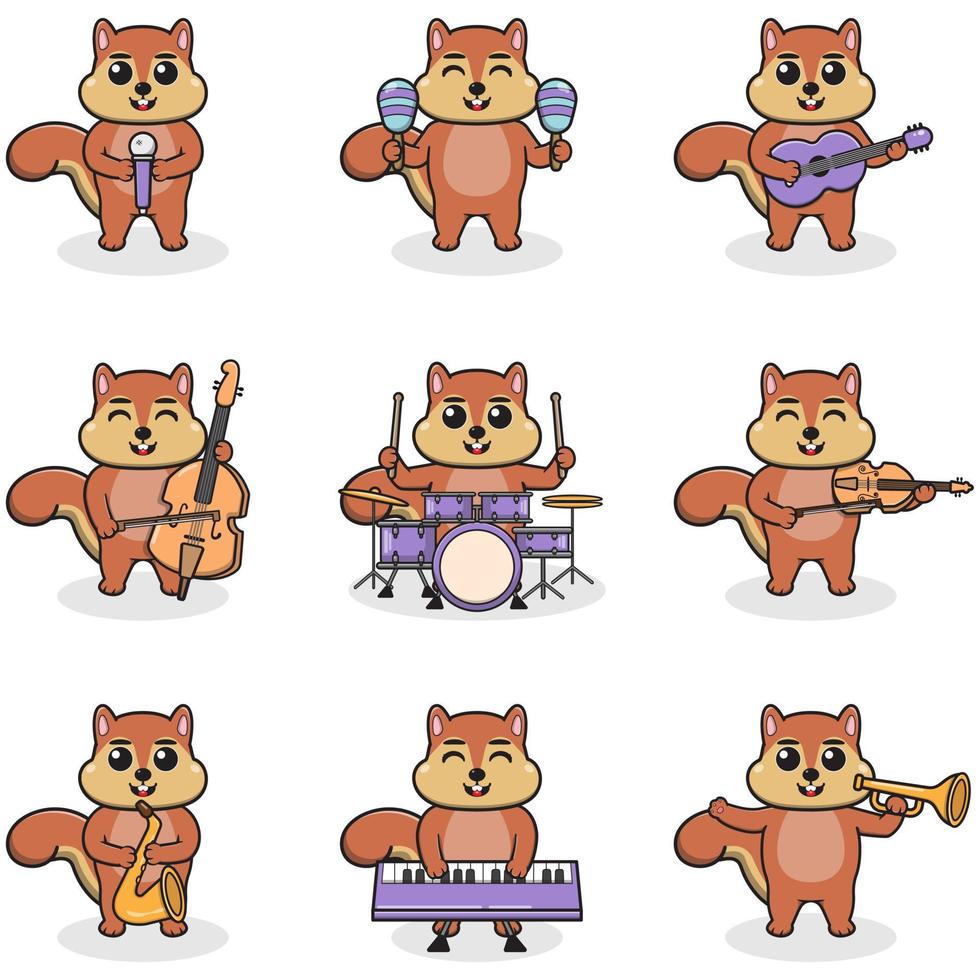 illustration vectorielle d'écureuil mignon jouant des instruments de musique. ensemble de personnages d'écureuils mignons. dessin animé animal jouer de la musique. animaux musiciens. vecteur