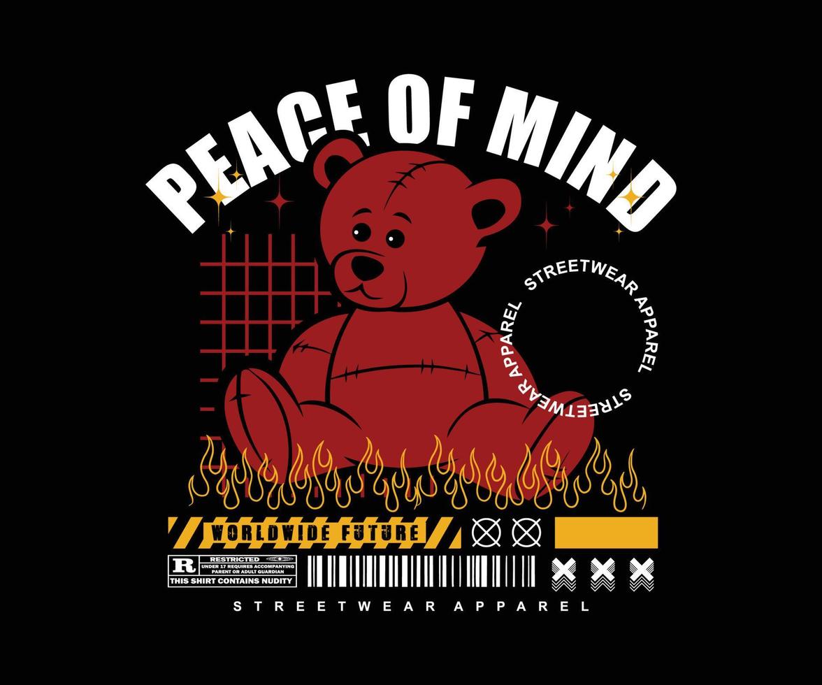 rythme d'esprit slogan avec illustration vectorielle d'un ours en peluche rouge sur fond noir, pour la conception de t-shirts streetwear et de style urbain, sweats à capuche, etc. vecteur