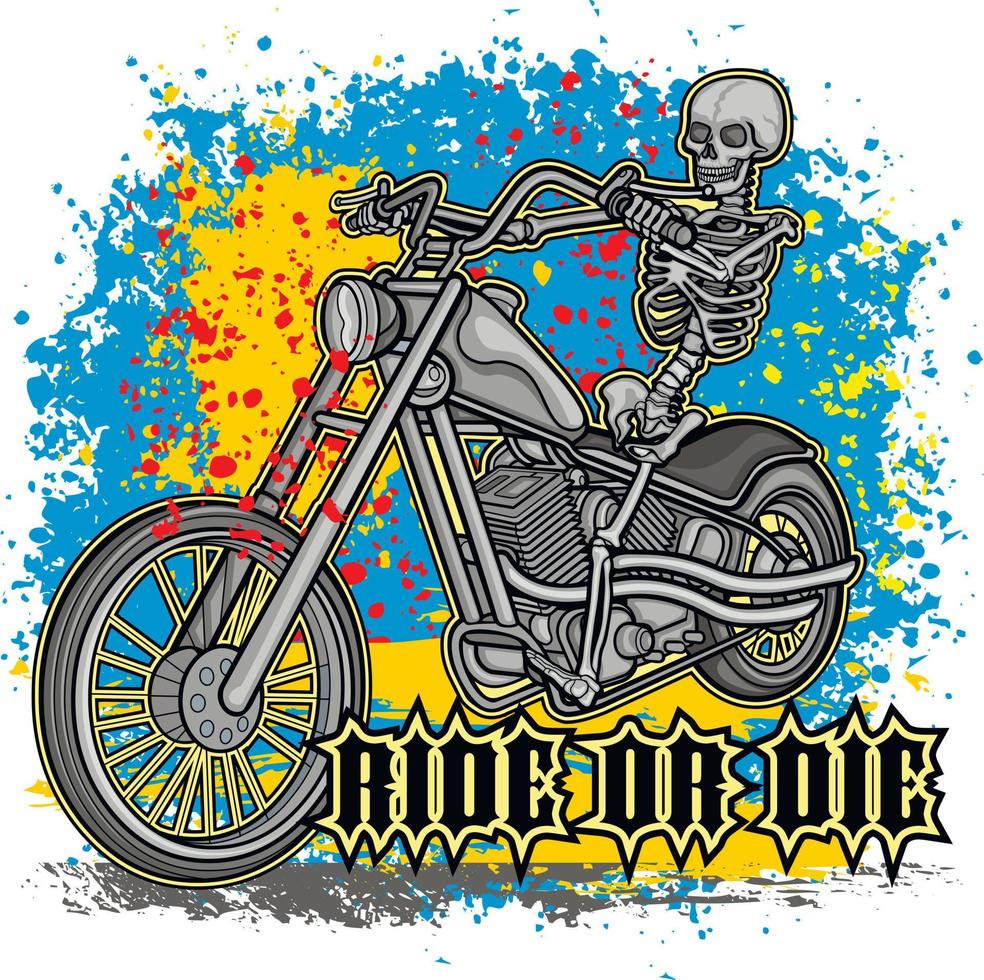 motard, squelette sur moto, t-shirts grunge vintage design vecteur