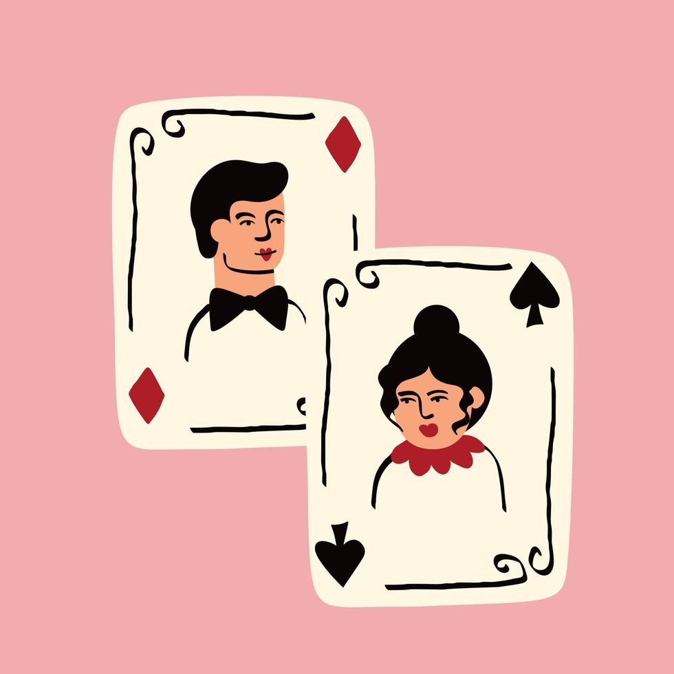 cartes à jouer avec valet et reine de pique. illustration de la saint valentin dans un style moderne de doodle groovy vecteur