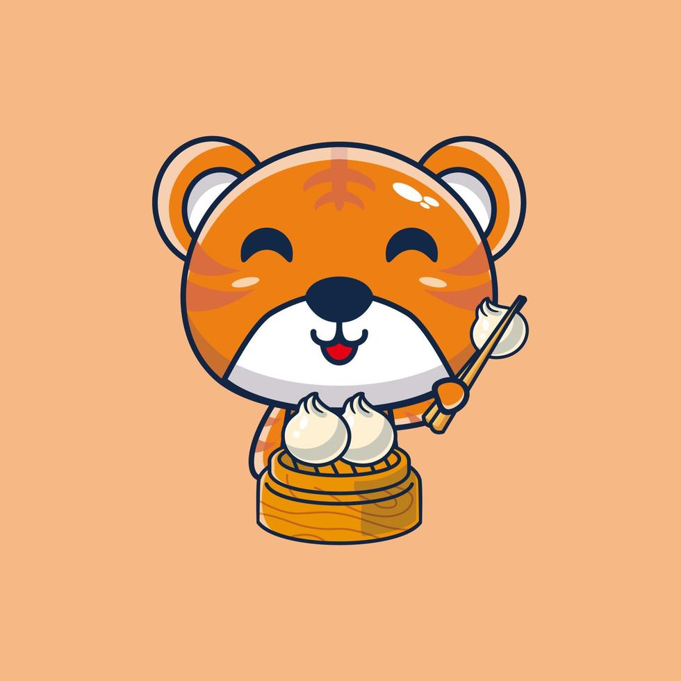 illustration de mascotte de dessin animé de tigre mignon mange des dim sum vecteur