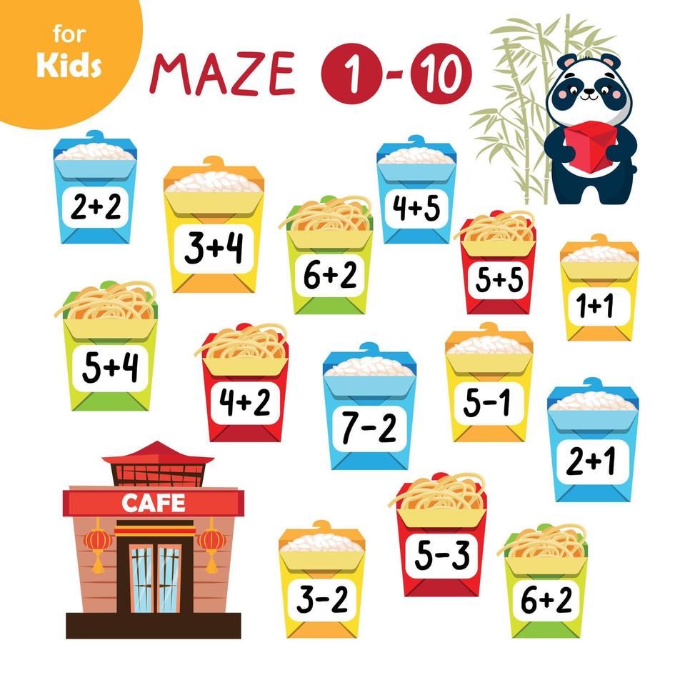 mini jeu pour enfants, labyrinthe mathématique, cuisine asiatique. aidez le panda à obtenir de la nourriture du restaurant, résolvez le problème. l'éducation préscolaire. culture japonaise, cuisine de différentes nations vecteur