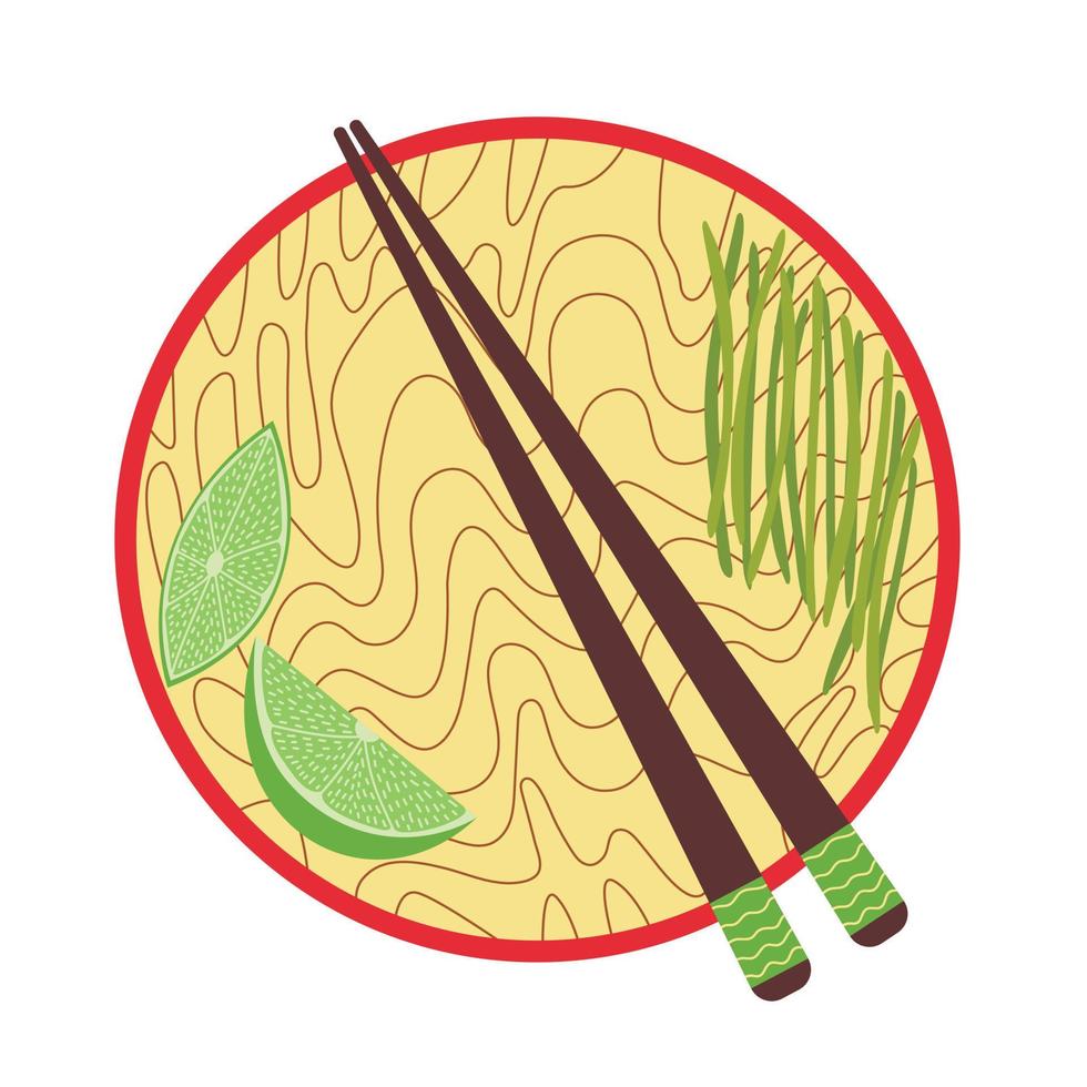 illustration plate de vecteur pad thai nouilles. plat de vue de dessus de table pad thai dessiné à la main