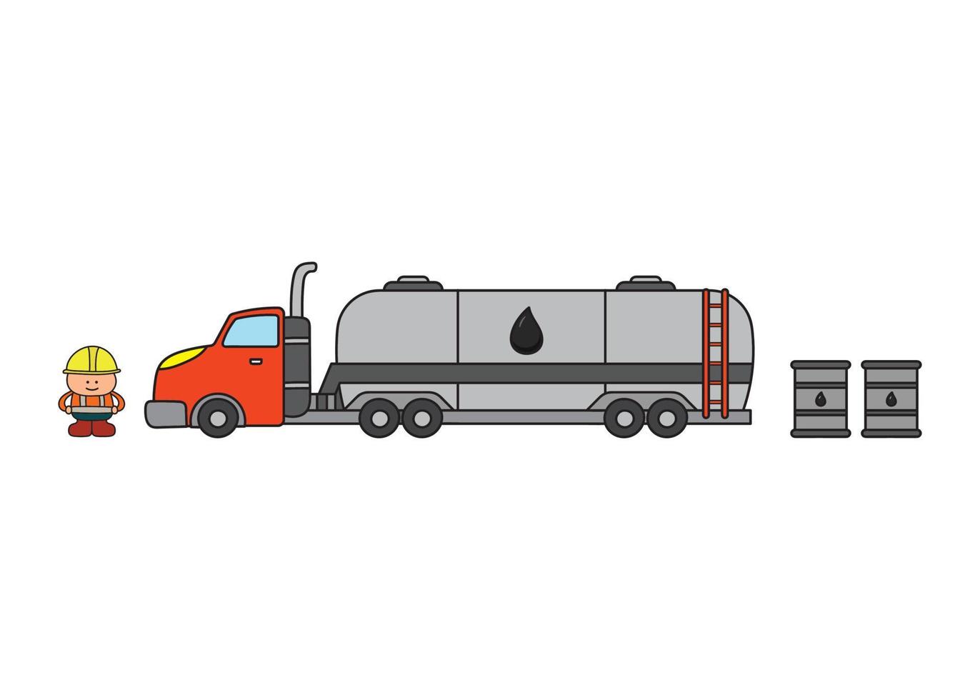 illustration vectorielle ensemble de construction pour enfants couleur dessinés à la main camion de carburant avec barils de carburant et ouvrier du bâtiment vecteur