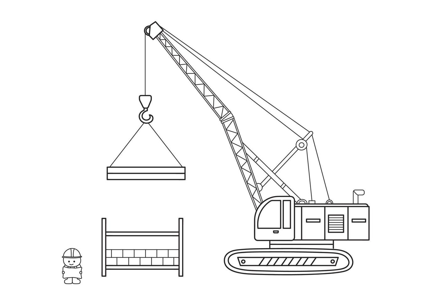 jeu de construction pour enfants couleur dessinés à la main grue machine excavatrice et ouvrier du bâtiment tenant une carte vecteur