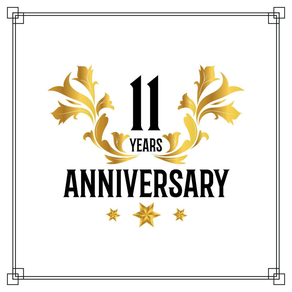 Logo du 11e anniversaire, célébration luxueuse du design vectoriel doré et noir.
