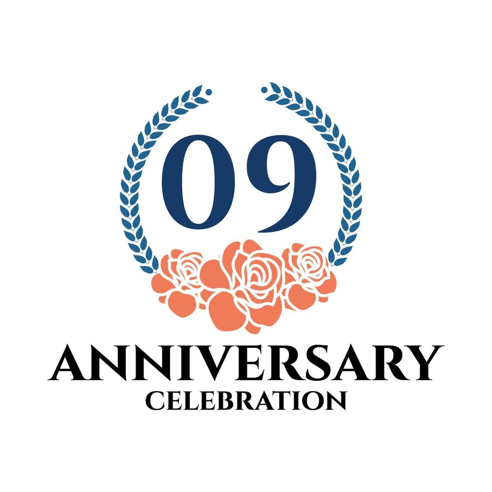 Logo du 09e anniversaire avec couronne de rose et de laurier, modèle vectoriel pour la célébration d'anniversaire.