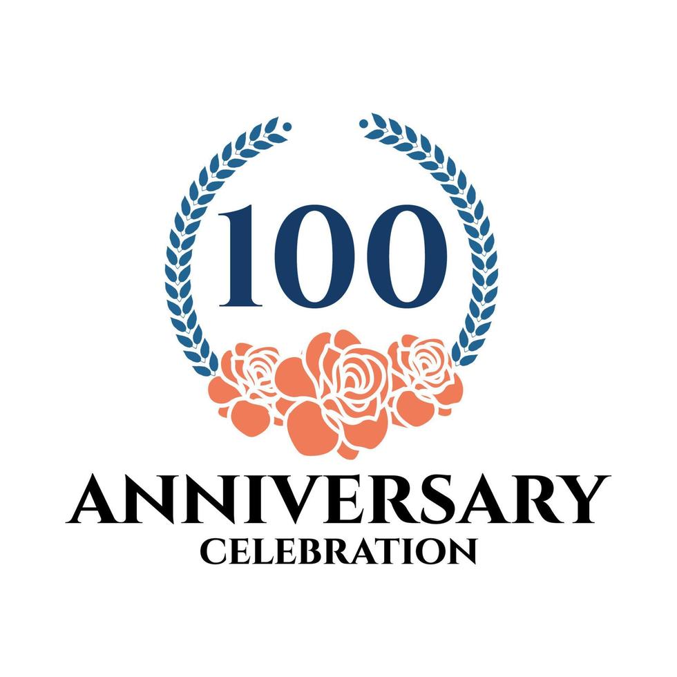 Logo du 100e anniversaire avec couronne de rose et de laurier, modèle vectoriel pour la célébration d'anniversaire.