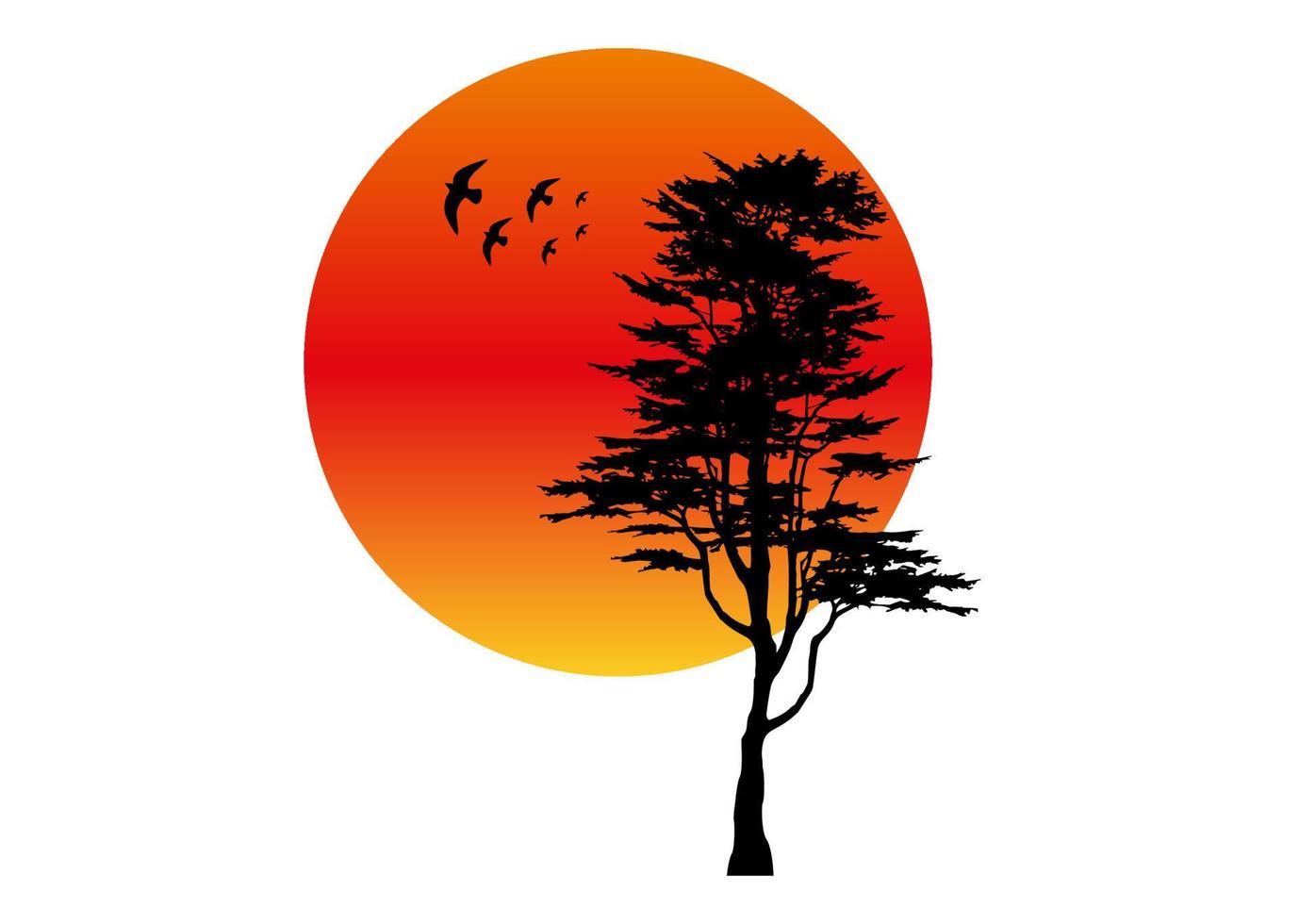 silhouette d'arbre et aigles, concept de logo de paysage coucher de soleil rouge, vecteur isolé sur fond blanc