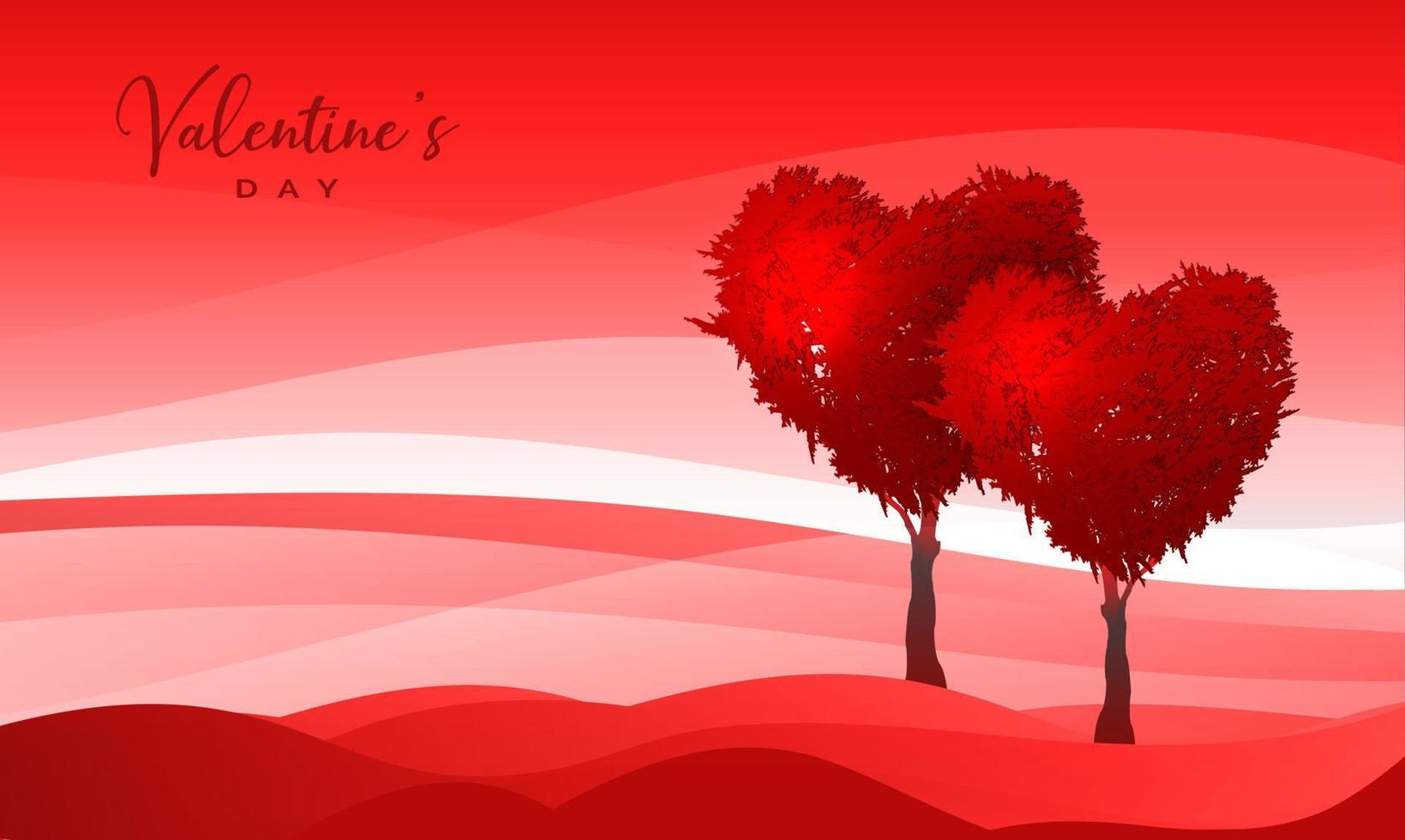 arbres en forme de coeur rouge, arrière-plan saint valentin, paysage fantastique vectoriel, couple d'arbres symbole du modèle de bannière d'amour vecteur